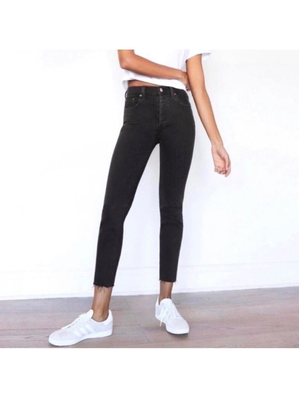 Aritzia Denim Forum The Yoko High-Rise Slim Black Button Fly Raw Hem Jeans, 26